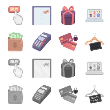 Çanta, para, touch, askı ve diğer ekipmanlar. E ticaret toplama simgeler çizgi film, tek renkli stil vektör simge stok çizim web ayarla..