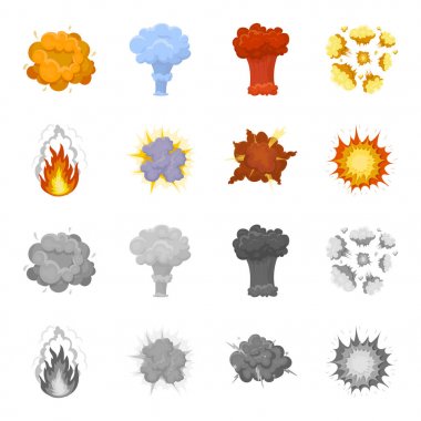 Alevi, kıvılcım, hidrojen parçaları, atomik ya da gaz patlaması, fırtına, güneş patlaması. Patlamalar toplama simgeler çizgi film, tek renkli stil vektör simge stok çizim web ayarla..