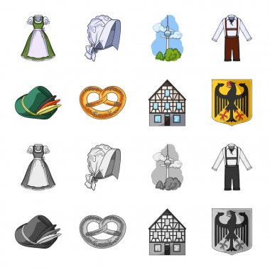 Ülke Almanya çizgi film, tek renkli simgeler toplama tasarımı için ayarlayın. Almanya ve dönüm noktası sembol stok web illüstrasyon vektör.