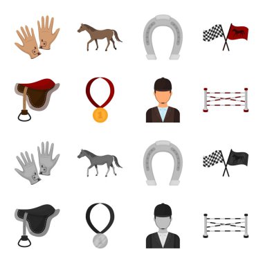 Eyer, madalya, şampiyon, kazanan. Hipodrom ve at çizgi film, tek renkli stil vektör simge stok çizim web simgeler ayarla.