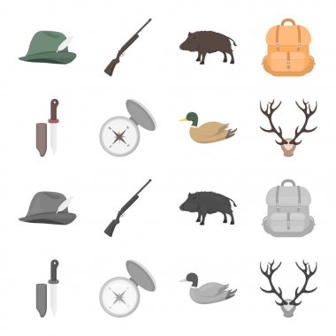 Bıçak bir kapak, bir ördek, bir geyik boynuzu, bir kapak ile bir pusula ile. Avcılık toplama simgeler çizgi film, tek renkli stil vektör simge stok çizim web ayarla..