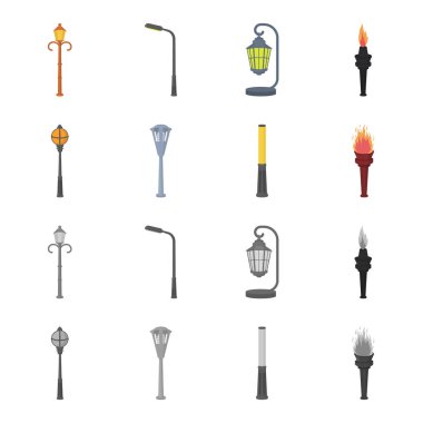 Retro tarzı, modern fener, meşale ve diğer tip-in sokak sokak lâmbası direği. Elektrik direği toplama simgeler çizgi film, tek renkli stil vektör simge stok çizim web ayarla..