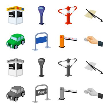 Araban, bariyer, Bisiklet park yeri, para el için ödeme Park. Buraya park edilmez toplama simgeler çizgi film, tek renkli stil vektör simge stok çizim web ayarla..