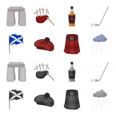 Bayrak, İskoç eteği, yağışlı hava, cap. İskoçya ülke toplama simgeler çizgi film, tek renkli stil vektör simge stok çizim web ayarla..