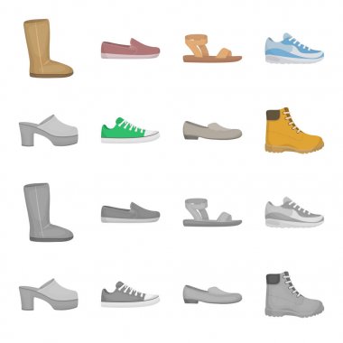 Parmak arası terlik, takunya yüksek bir platform ve topuk, dantel, kadın gri bale daireler, tek traktör kırmızı ayakkabılar ile yeşil spor ayakkabı. Ayakkabı toplama simgeler çizgi film, tek renkli stil vektör simgesi ayarla