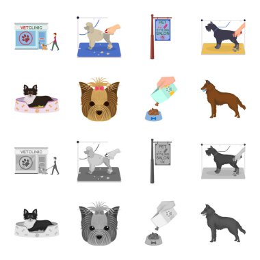 Bir tembel, bir namlu bir hayvan, bir besleme ile bir kase, çoban köpeği dişlerini bir top ile bir köpek. Evcil Hayvan, köpek bakım toplama simgeler çizgi film, tek renkli stil vektör simge stok çizim web ayarla.