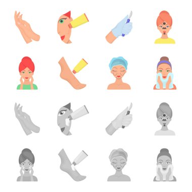 Yüz bakımı, estetik, yüz silerek, ayaklara nemlendirici. Cilt Bakımı toplama simgeler çizgi film, tek renkli stil vektör simge stok çizim web ayarla..