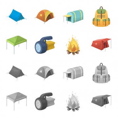Tente, yangın ve diğer turistik ekipmanları. Çadır toplama simgeler çizgi film, tek renkli stil vektör simge stok çizim web ayarla..