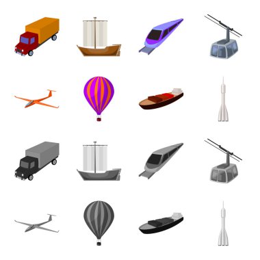 Bir dron, bir planör, bir balon, bir ulaşım mavna, bir uzay roketi taşıma modları. Çizgi film, tek renkli stil vektör simge stok çizim web simgeler taşıma kümesi.
