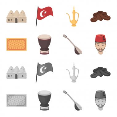 Türk halı, saz, davul, Türkiye erkekler. Türkiye'de çizgi film, tek renkli stil vektör simge stok çizim web simgeler ayarla.
