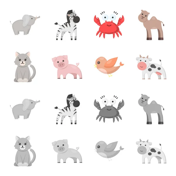 Ein unrealistischer Cartoon, monochrome Tiersymbole in Set-Kollektion für das Design. Spielzeug Tiere Vektor Symbol Stock Web Illustration. — Stockvektor