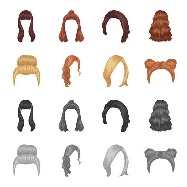 Loira com um monte, vermelho ondulado e outros tipos de cabelo. Voltar cabelo conjunto coleção ícones em desenhos animados, estilo monocromático símbolo vetorial estoque ilustração web . — Vetor de Stock