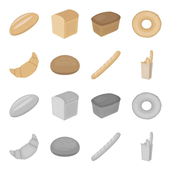 Pão redondo de centeio, um croissant, um pão francês, um saco de pão. Conjunto de ícones de coleção de pão em desenhos animados, estilo monocromático símbolo vetorial ilustração web . — Vetor de Stock