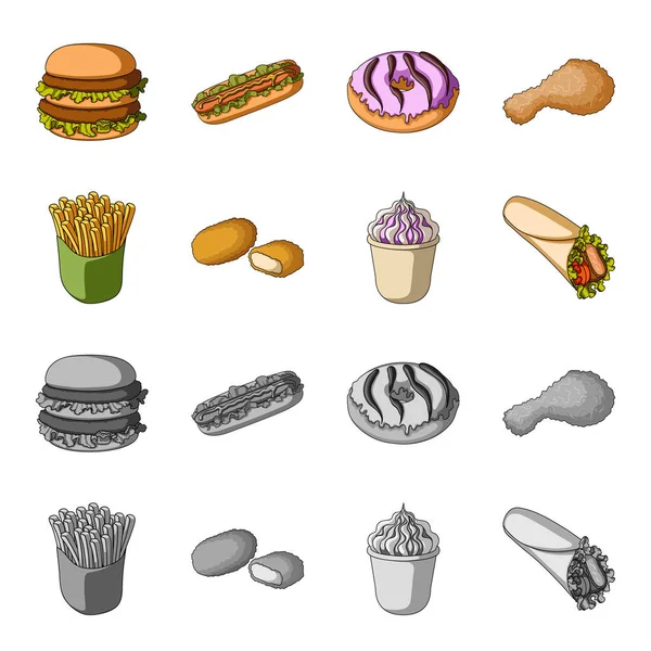 Mat, förfriskningar, snacks och andra web-ikonen i tecknad film, svartvit stil. Förpackningar, papper, potatis ikoner i set samling. — Stock vektor