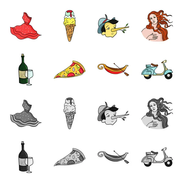 Een fles wijn, een stukje pizza, een gundola, een scooter. Italië instellen collectie iconen in de tekenfilm, zwart-wit stijl vector symbool stock illustratie web. — Stockvector