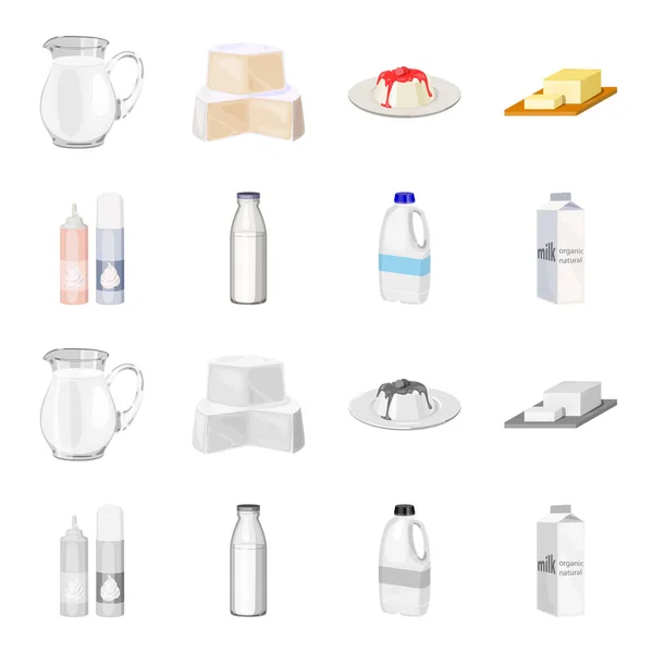 牛奶, 钙, 产品, 食物。牛奶产品和甜集合图标在卡通, 单色风格矢量符号股票插画网站. — 图库矢量图片
