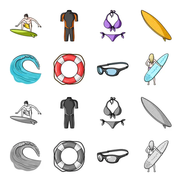 Oncoming wave, life ring, goggles, girl surfing. Surfing set collection icons in cartoon,monochrome style vector symbol stock illustration web. — Stock Vector