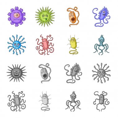 Mikrop ve virüs farklı türleri. Virüs ve bakteriler çizgi film, tek renkli stil vektör simge stok çizim web simgeler ayarla.