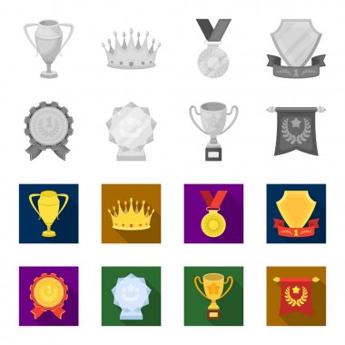 Bir Olimpiyat madalya ilk yer, bir kristal top, gold Kupası bir stand, kırmızı bir kolye için. Kupalar ve ödüller tek renkli, düz stil vektör simge stok çizim web simgeler ayarla.