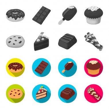 Amerikan kurabiye, kek, şeker, gofret tübül bir parçası. Çikolatalı tatlılar toplama simgeler tek renkli, düz stil vektör simge stok çizim web ayarla..