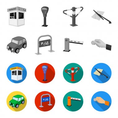 Araban, bariyer, Bisiklet park yeri, para el için ödeme Park. Parking bölge tek renkli, düz stil vektör simge stok çizim web simgeler ayarla.