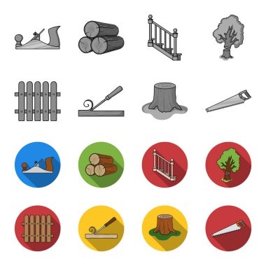 Çit, keski, stump, tahta için demir testeresi. Kereste ve ahşap tek renkli, düz stil vektör simge stok çizim web simgeler ayarla.