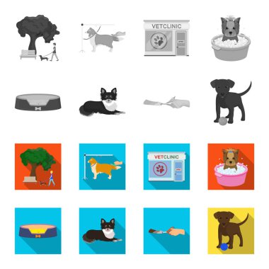 Tembel bir evcil hayvan, pençeleri veteriner Kliniği, kırpma, köpek yalan, bir top ile köpek yavrusu için. Veteriner Kliniği ve evde beslenen hayvan, köpek bakım toplama simgeler tek renkli, düz stil vektör simge stok çizim web içinde ayarlayın..