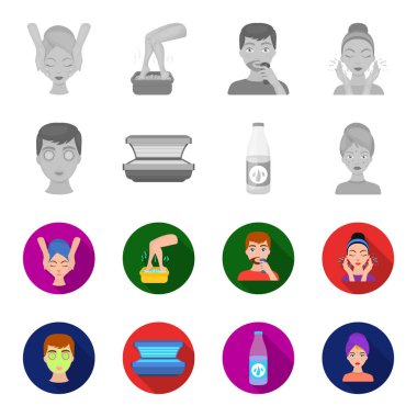 Yüz maskesi, Solaryum, şişe ts lasenom, yüzünde sivilce. Cilt Bakımı toplama simgeler tek renkli, düz stil vektör simge stok çizim web içinde ayarla..