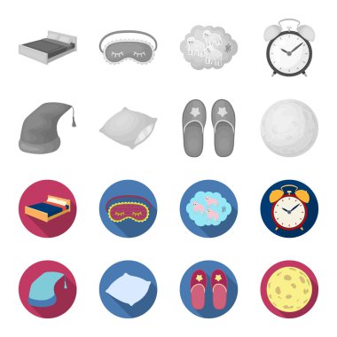 Gece kapağı, yastık, terlik, ay. Dinlenme ve uyku tek renkli, düz stil vektör simge stok çizim web simgeler ayarla.