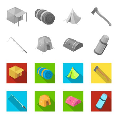 Balık tutma, çadır, termos için iplik. Çadır toplama simgeler tek renkli, düz stil vektör simge stok çizim web ayarla..