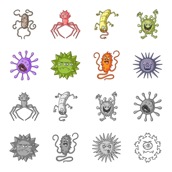 Diferentes tipos de microbios y virus. Los virus y bacterias establecen iconos de colección en la historieta, el estilo monocromo vector símbolo stock ilustración web . — Vector de stock