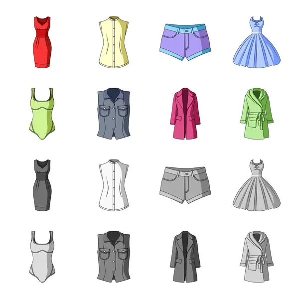 Kadın giyim karikatür, set koleksiyonu tasarım için tek renkli simgeler. Sembol stok web illüstrasyon vektör giyim çeşitleri ve aksesuarlar. — Stok Vektör
