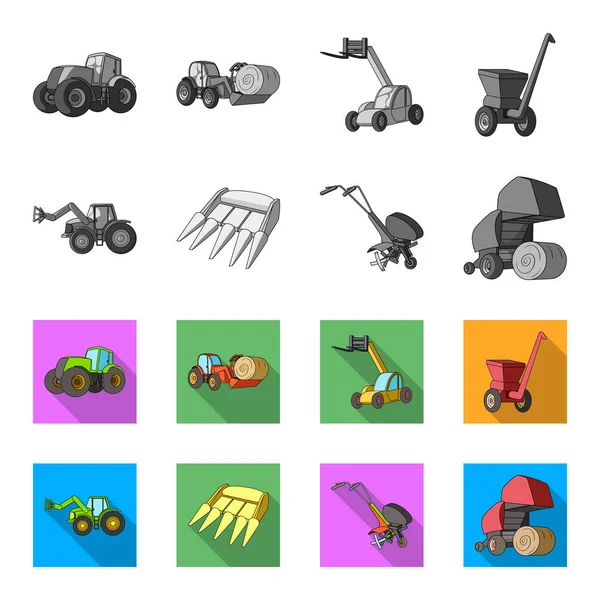 Motoblock und andere landwirtschaftliche Geräte. Landmaschinen Set Sammlung Symbole in monochromen, flachen Stil Vektor Symbol Stock Illustration Web. — Stockvektor