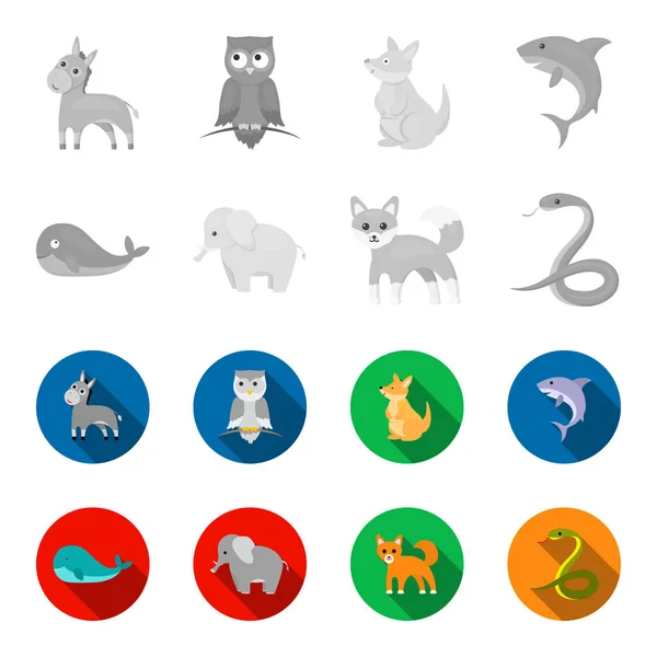 Ballena, elefante, serpiente, zorro. Iconos de colección conjunto de animales en monocromo, vector de estilo plano símbolo stock illustration web . — Vector de stock