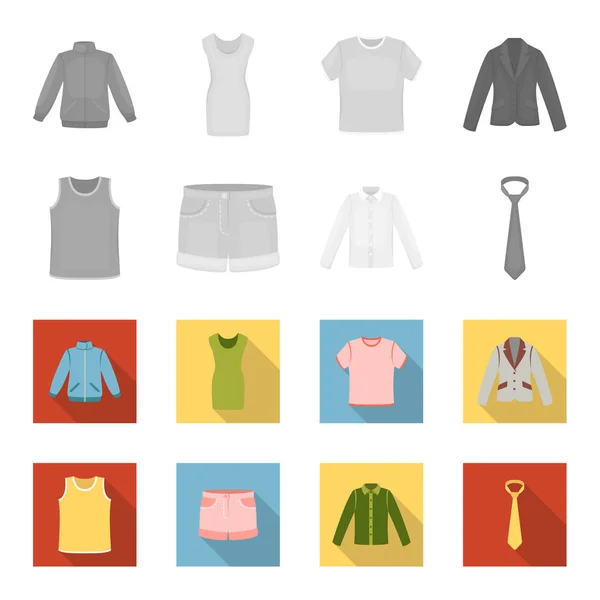 Skjorta med långa ärmar, shorts, T-shirt, slips. Kläder som samling ikoner i svartvitt, platt stil vektor symbol stock illustration web. — Stock vektor