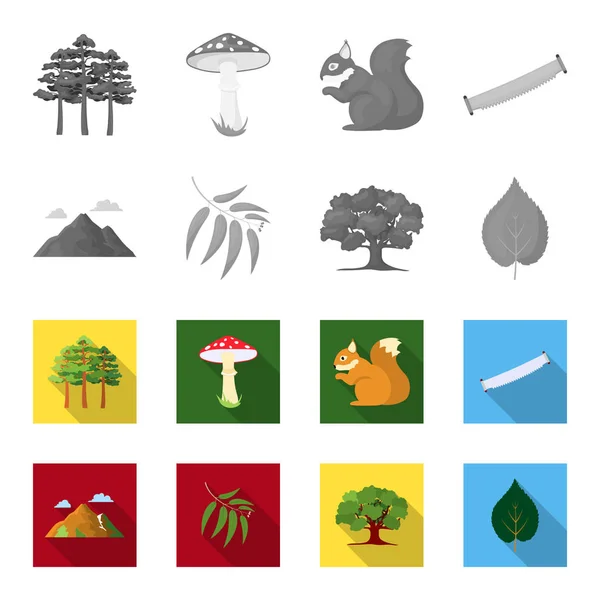 Berg, wolk, boom, tak, blad. Forest instellen collectie iconen in zwart-wit, vlakke stijl vector symbool stock illustratie web. — Stockvector