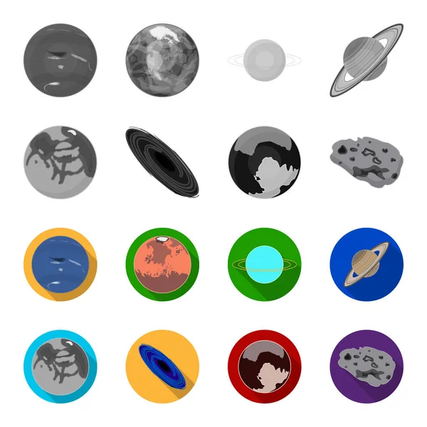 Mercurio, Plutón del Planeta del Sistema Solar. Un agujero negro y un meteorito. Planetas conjunto de iconos de colección en monocromo, vector de estilo plano símbolo stock ilustración web . — Vector de stock