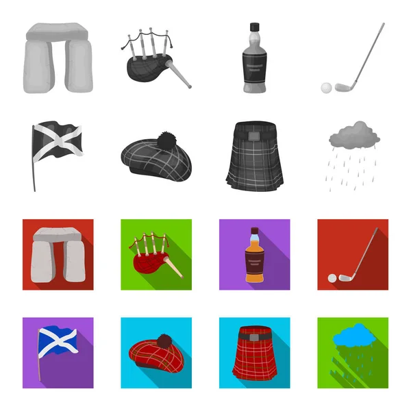 Zászló, szoknya, esős időjárás, kap. Skócia ország készlet gyűjtemény ikonok fekete-fehér, lapos stílusú vektor szimbólum stock illusztráció web. — Stock Vector
