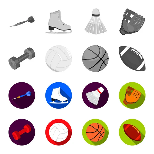 Blaue Hantel, weißer Fußball, Basketball, Rugbyball. Sport Set Sammlung Symbole in monochrom, flachen Stil Vektor Symbol Stock Illustration Web. — Stockvektor