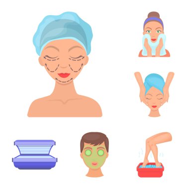 Set koleksiyonu tasarım için cilt bakım karikatür simgeler. Yüz ve vücut sembol stok web illüstrasyon vektör.