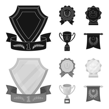 Bir Olimpiyat madalya ilk yer, bir kristal top, gold Kupası bir stand, kırmızı bir kolye için. Ödülleri ve kupa toplama simgeler siyah, monochrom stil vektör simge stok çizim web ayarla.