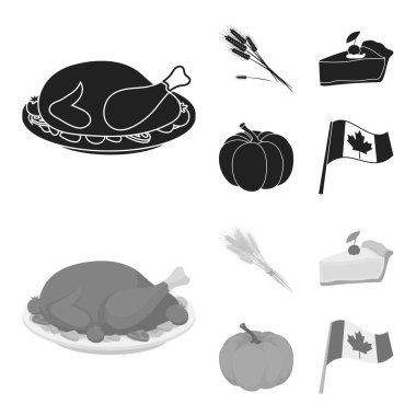 Spike buğday, bir dilim pasta ile kızılcık, kabak, ulusal bayrak. Kanada Şükran günü toplama simgeler siyah, monochrom stil vektör simge stok çizim web içinde ayarla..