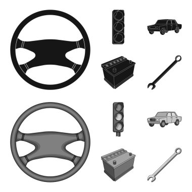 Trafik ışığı, eski bir araba, pil, İngiliz anahtarı, araba ayarlamak toplama simgeler siyah, monochrom stil vektör simge stok çizim web içinde.