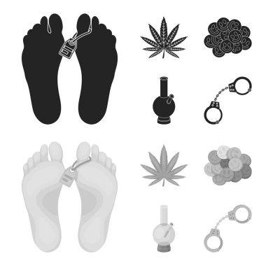 Kenevir yaprak, ecstasy hap, kelepçe, bong. İlaç toplama simgeler siyah, monochrom stil vektör simge stok çizim web içinde ayarla..