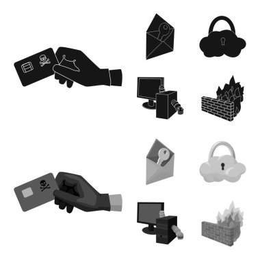 Sistem, internet, bağlantı, kod. Bilgisayar korsanları ve siyah, monochrom stil vektör simge stok çizim web Hack küme koleksiyon simgeler.