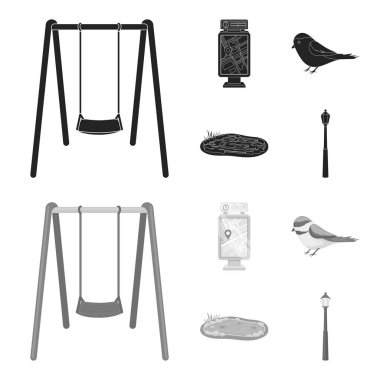 Bölge planı, kuş, göl, aydınlatma direği. Park toplama simgeler siyah, monochrom stil vektör simge stok çizim web içinde ayarla..
