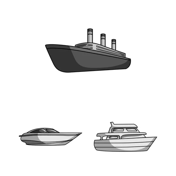 Iconos de agua y transporte marítimo monocromáticos en la colección de conjuntos para el diseño. Una variedad de barcos y barcos vector símbolo stock web ilustración . — Vector de stock