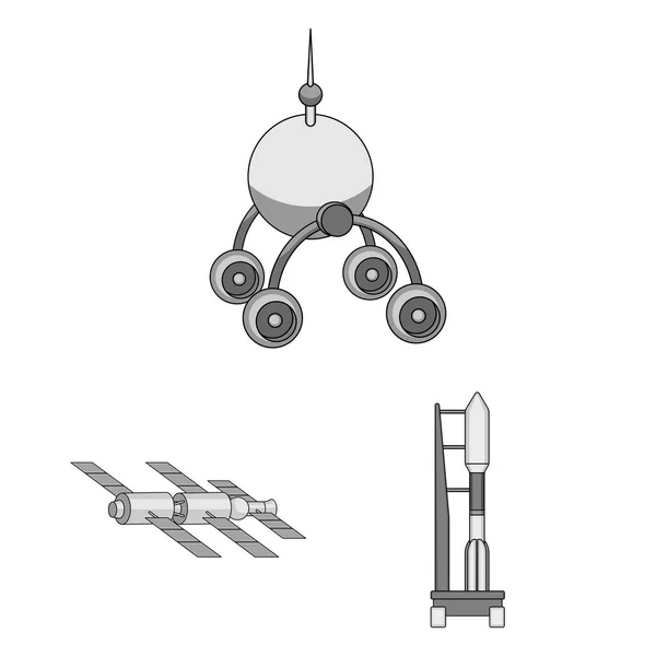 Монохромные иконки космической техники в коллекции наборов для дизайна.Космические аппараты и векторные символы оборудования . — стоковый вектор