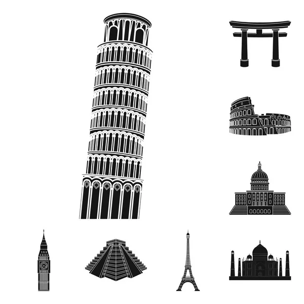 Lugares de interés de diferentes países iconos negros en la colección de conjuntos para el diseño. Famoso edificio vector símbolo stock web ilustración . — Vector de stock