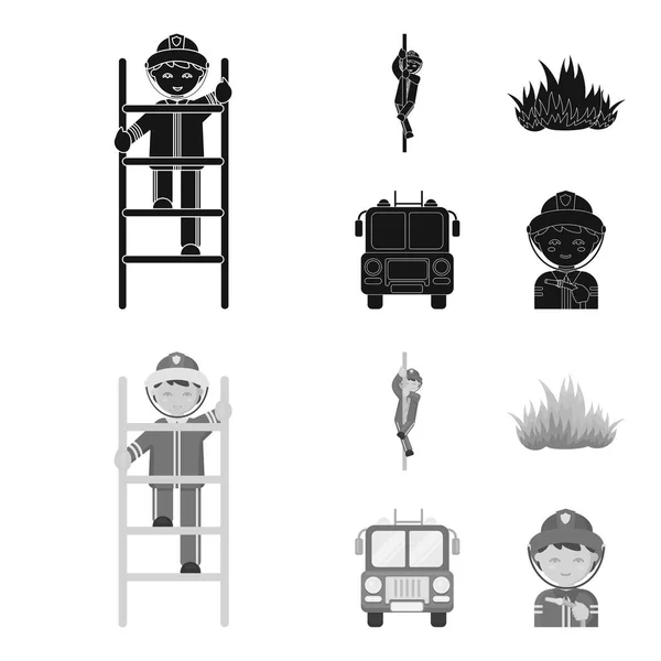 Bombero, llama, camión de bomberos. Fire departmentset set collection icons in black, monochrom style vector symbol stock illustration web . — Archivo Imágenes Vectoriales